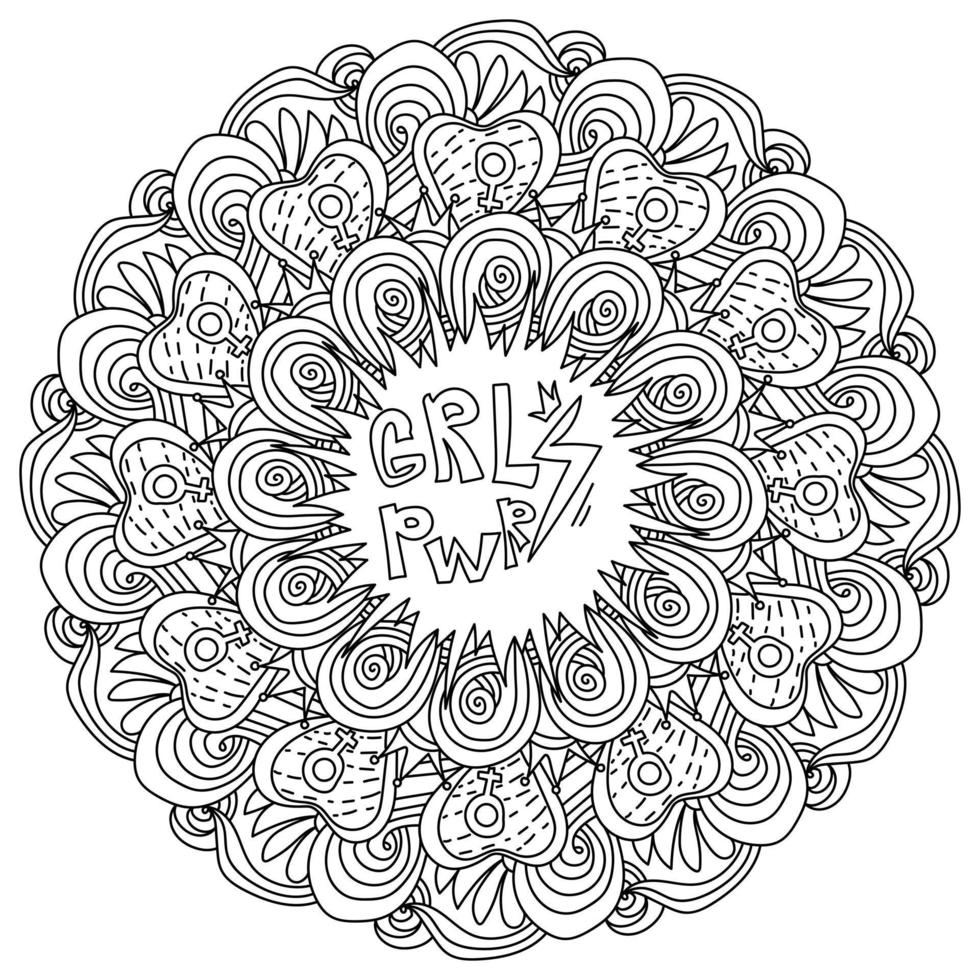 Girl-Power-Mandala, Kontur-Malseite mit thematischen Schriftzügen und komplizierten Mustern vektor