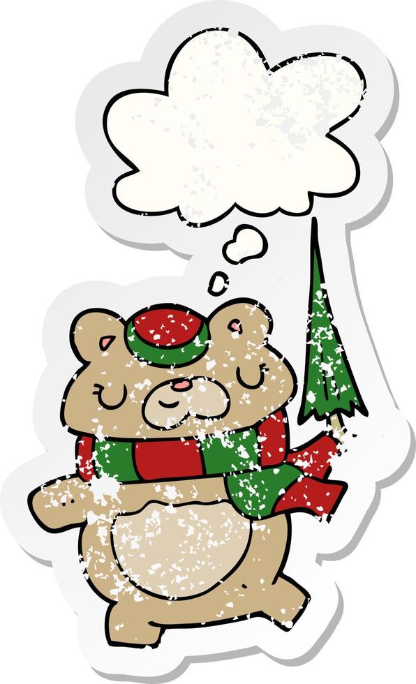 tecknad björn med paraply och tankebubbla som en nödställd sliten klistermärke vektor