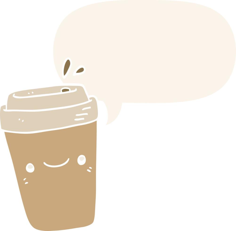 Cartoon-Kaffee zum Mitnehmen und Sprechblase im Retro-Stil vektor
