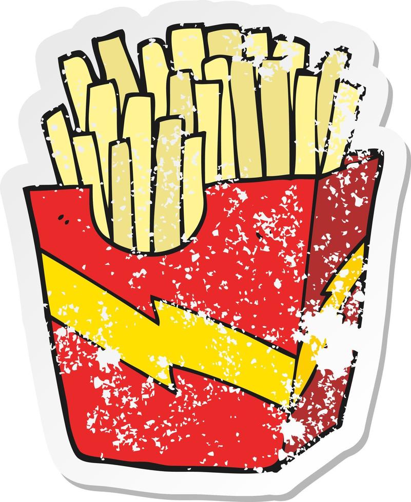 Retro beunruhigter Aufkleber von Cartoon-Pommes-Frites vektor