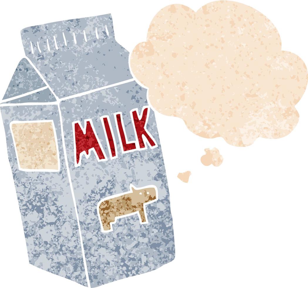 tecknad mjölkkartong och tankebubbla i retro texturerad stil vektor