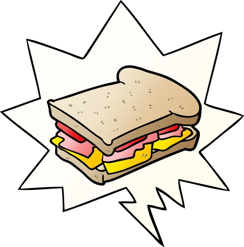 Cartoon-Schinken-Käse-Tomaten-Sandwich und Sprechblase in glattem Farbverlauf vektor