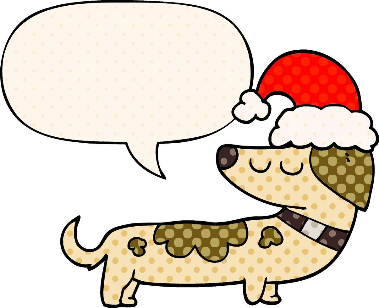 Cartoon-Hund mit Weihnachtsmütze und Sprechblase im Comic-Stil vektor