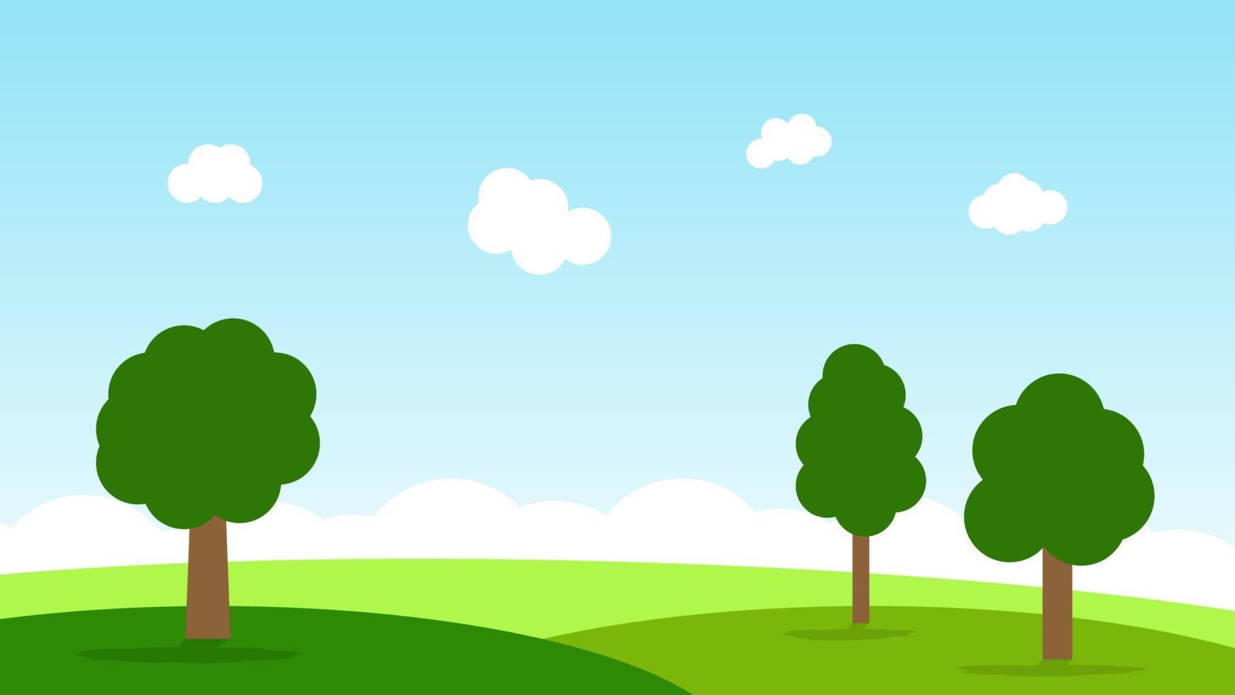 Landschaftskarikaturszene mit grünen Bäumen auf Hügeln und weißer flaumiger Wolke im Sommerhintergrund des blauen Himmels vektor