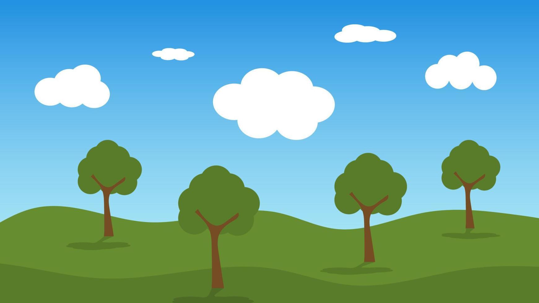 landskap tecknad scen med gröna träd på kullar och vita fluffiga moln i sommarblå himmel bakgrund vektor