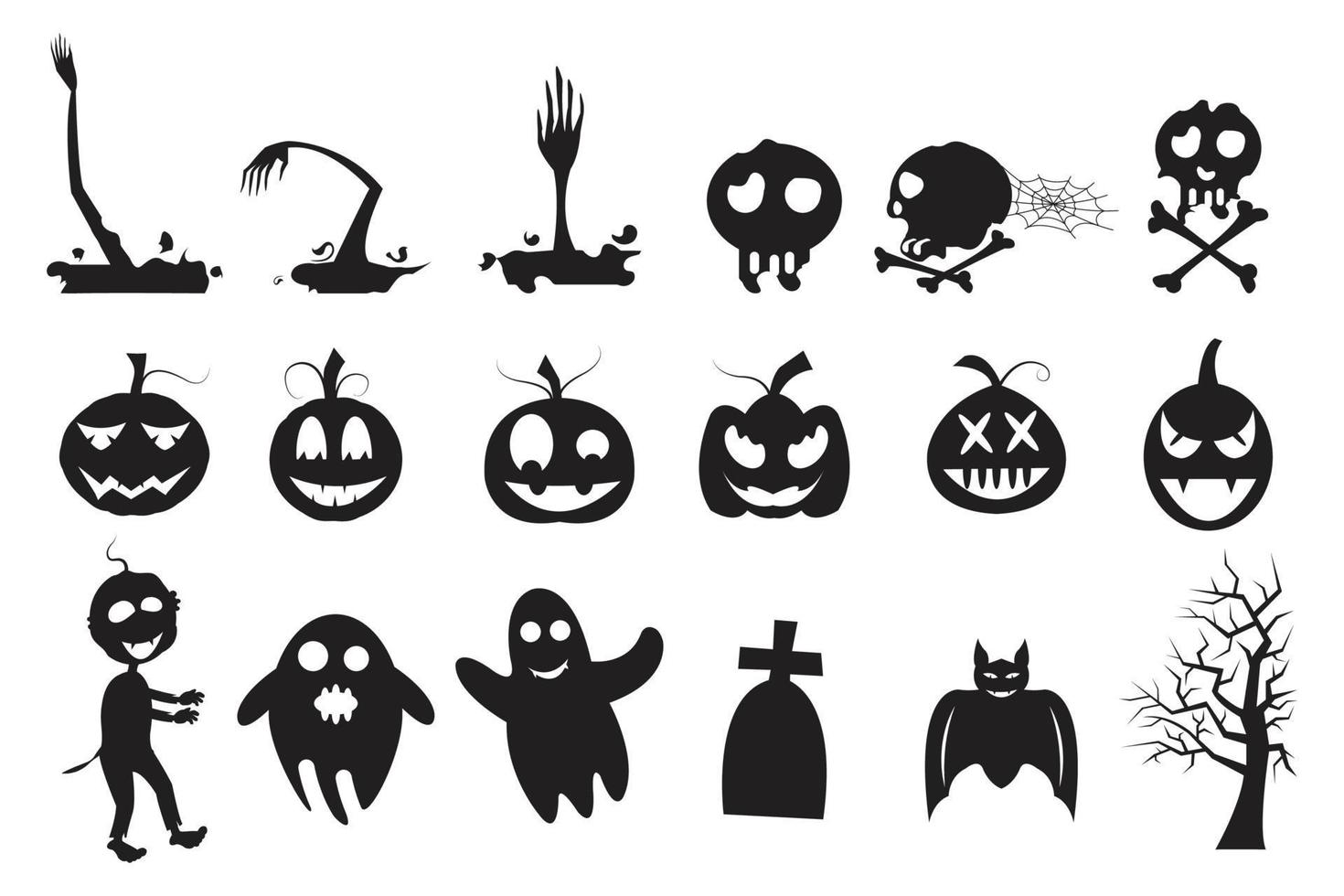 halloween-feier mit kürbissilhouette, geisterhand, boo, zombie, fledermaus, grab und trockenem baum vektor