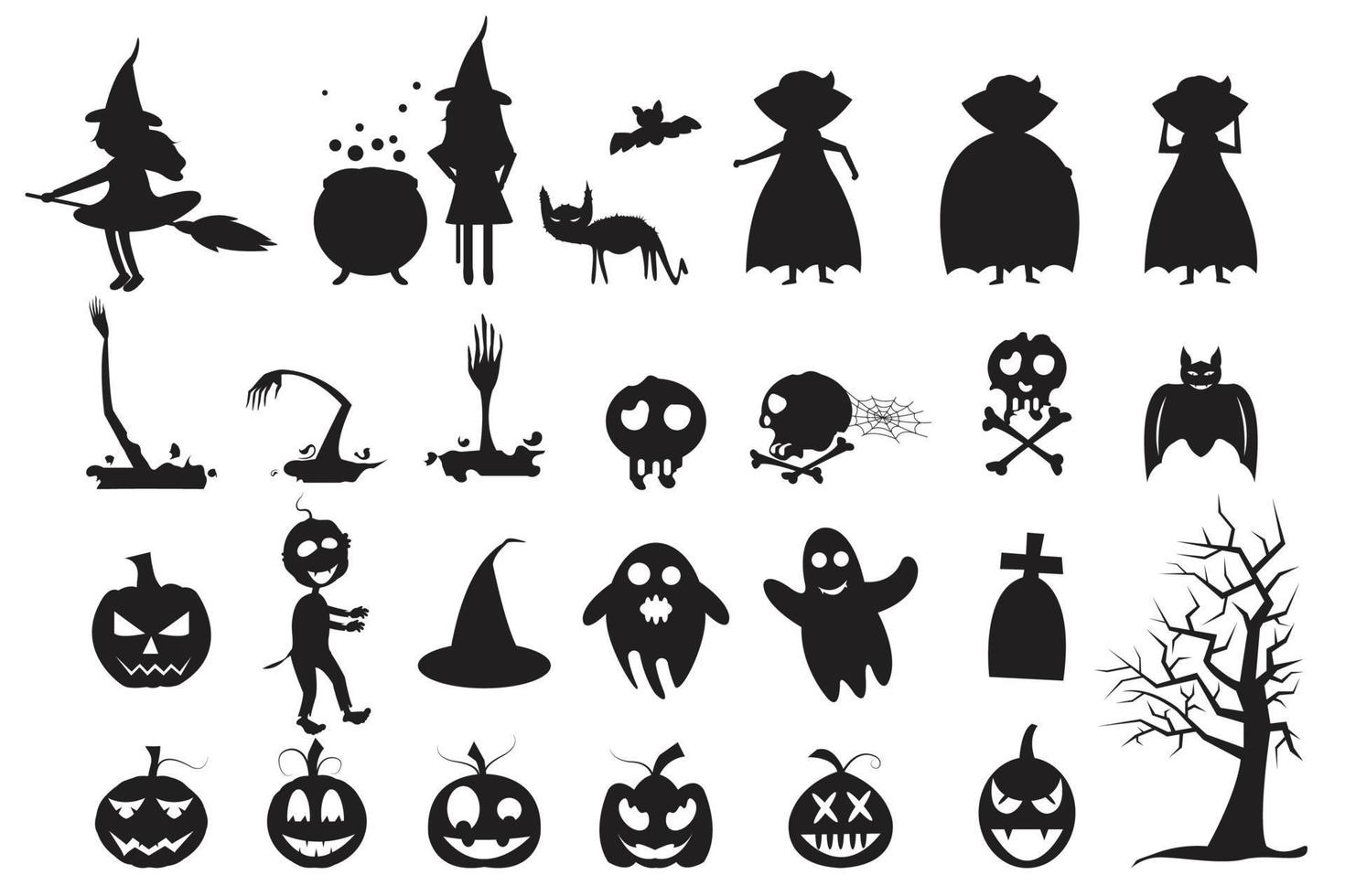 halloween-feier mit silhouetten von hexe, vampir, kürbis, fledermaus, trockenem baum, schädel, buh und hexenhut vektor