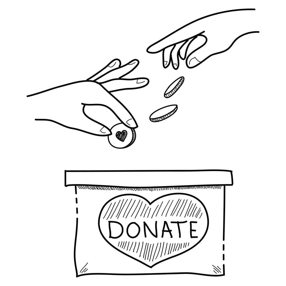 Hand gezeichnet spenden. Konzept der Nächstenliebe und Spende. Hände geben und teilen Liebe zu Menschen. Handgeste auf Doodle-Stil, Vektorillustration vektor