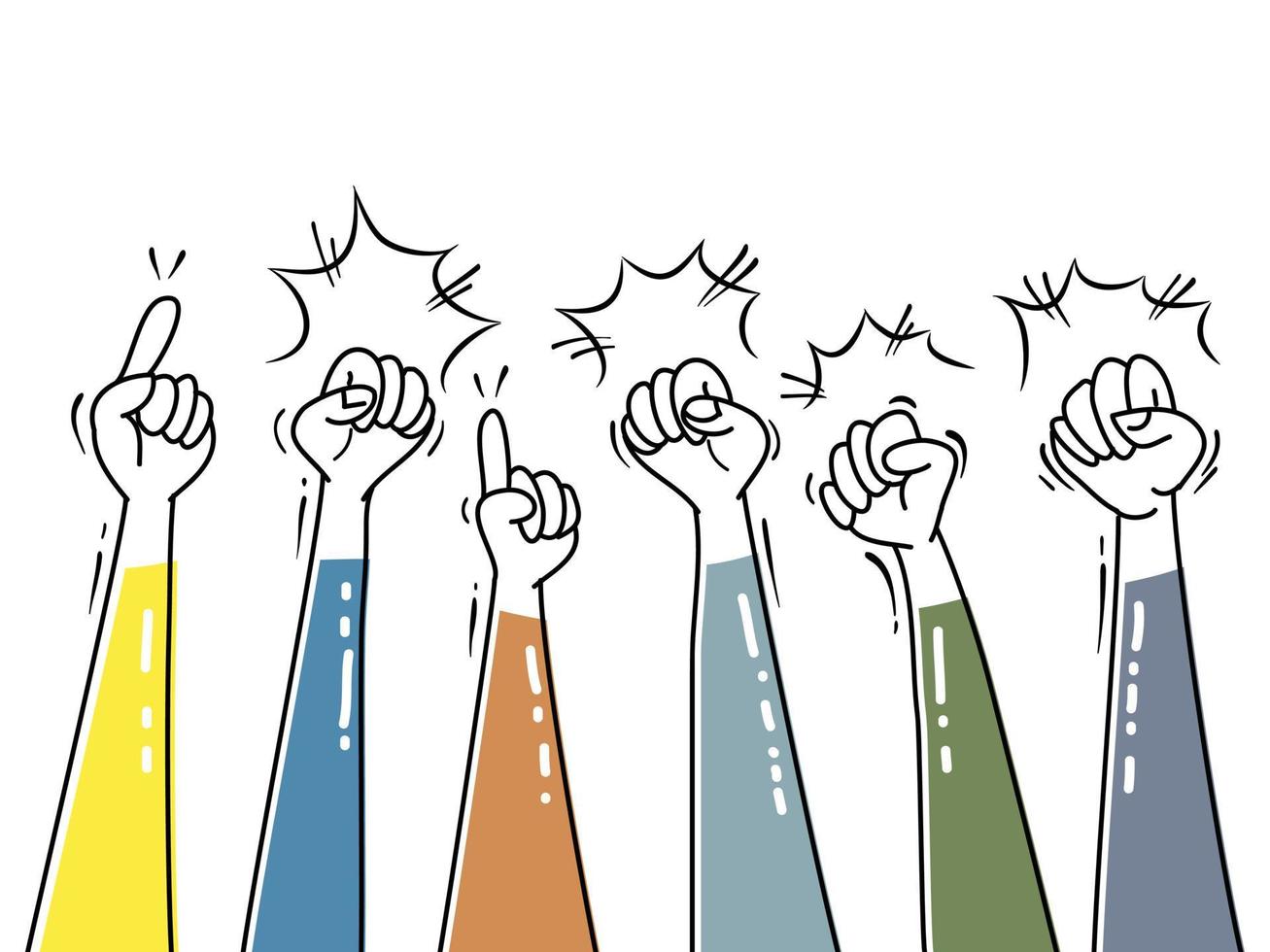hand dras av doodle händerna upp. knytnäve hand, protest symbol, makt tecken. isolerad på vit bakgrund. vektor illustration