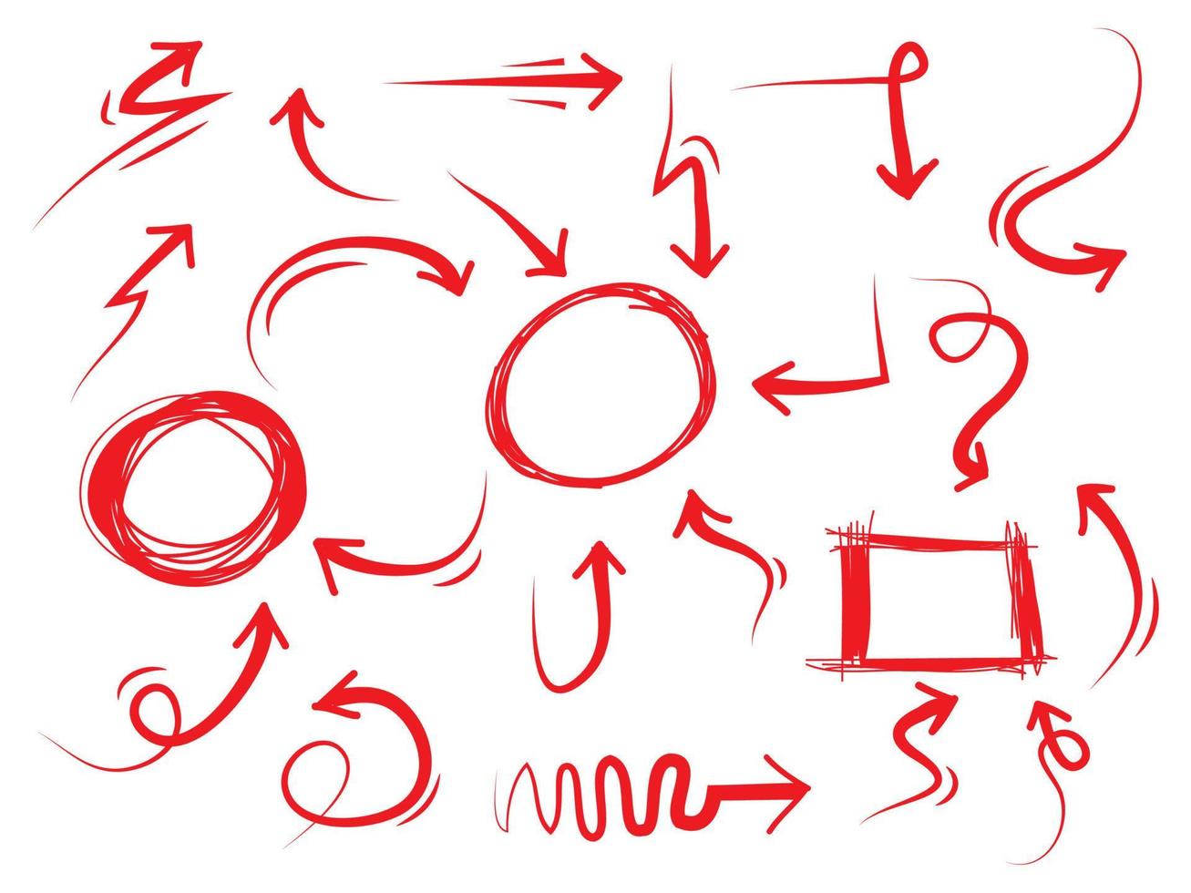 hand dragen pilar ikoner uppsättning. röd pilar med olika vägbeskrivningar. klotter vektor illustration. isolerat på en vit bakgrund