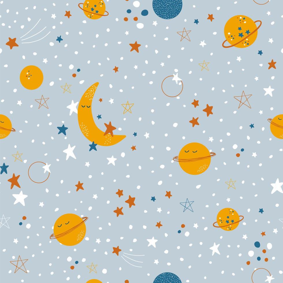 bebis Plats sömlös mönster med stjärnor, måne och planeter. kosmisk tema för ungar. färgrik vektor illustration för bebis dusch, textil, kläder, papper.