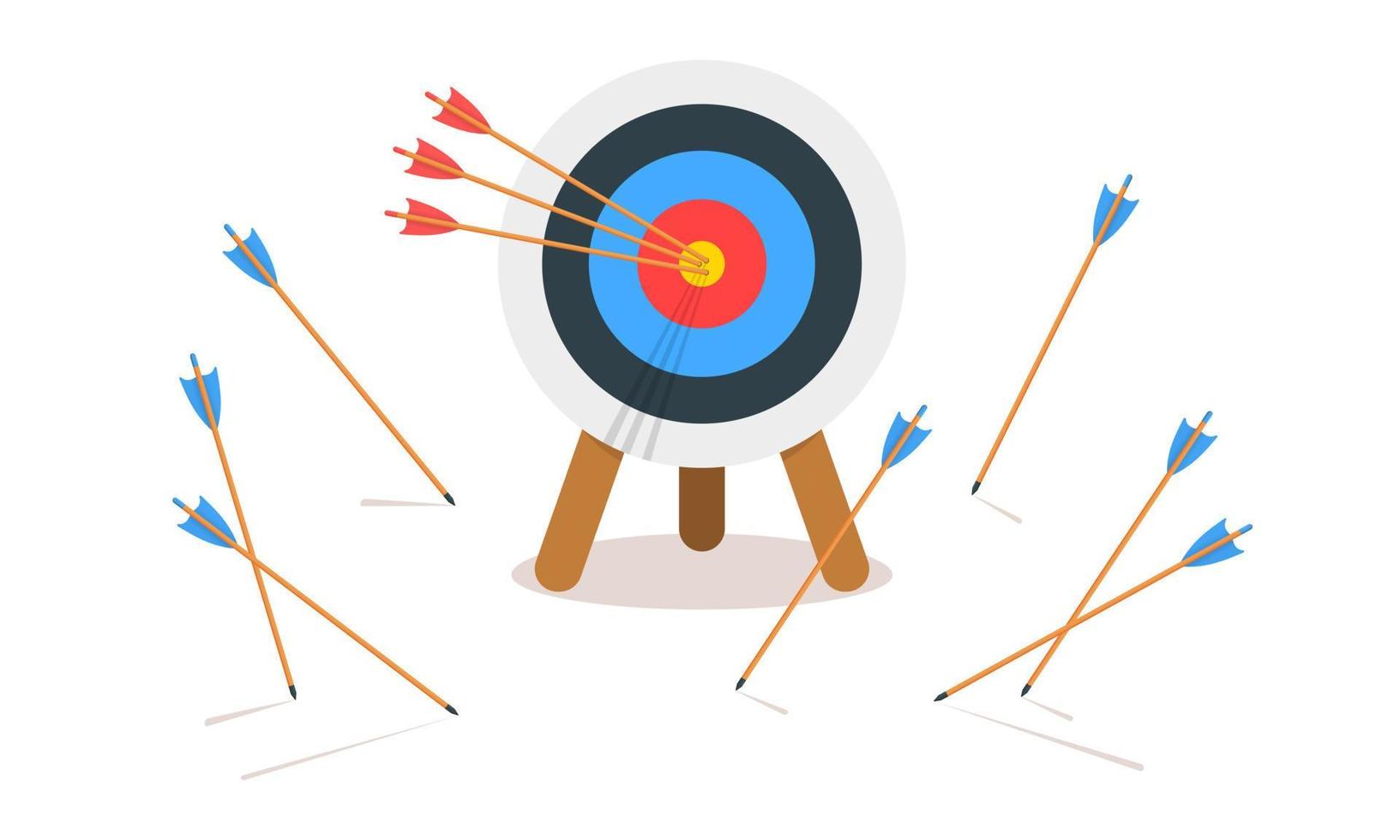 Zielring für das Bogenschießen mit drei treffenden Bullseyes und vielen verfehlten Pfeilen. Idee zur Zielerreichung. Symbol für geschäftlichen Erfolg und Misserfolg. effizienz- und genauigkeitskonzept vektor