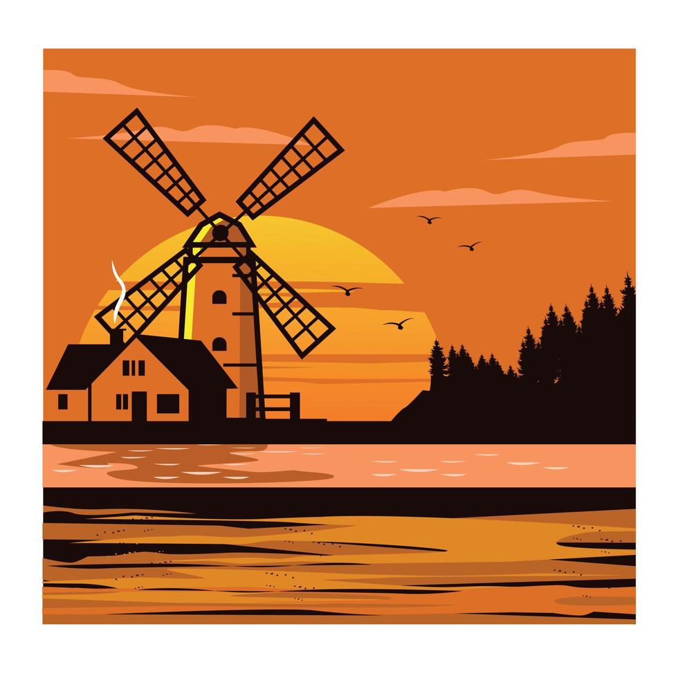 Windmühle und Sonnenuntergang vektor