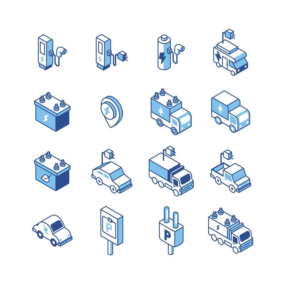 Elektrofahrzeug-Logo isometrische flache Linie Symbole gesetzt. Symbol für saubere Energietechnologie von ev eco. einfacher Designvektor vektor