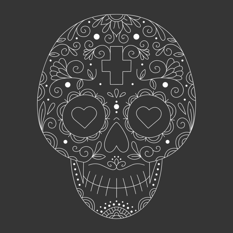 vektor illustration av mexikansk skalle med prydnad och blommor. socker skalle. de dag av de död. tatuering.