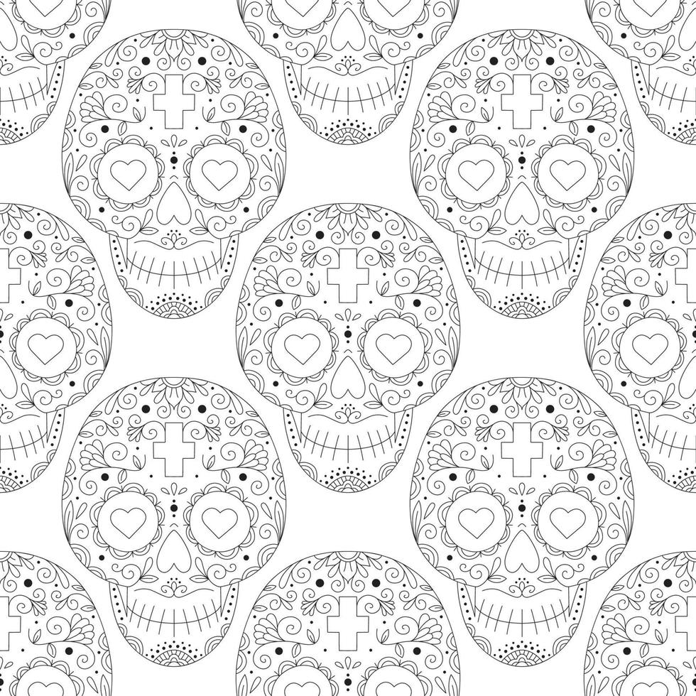 vektor illustration, sömlös mönster med ornament och blommor med skallar för de dag av de död. socker skalle. svartvit.