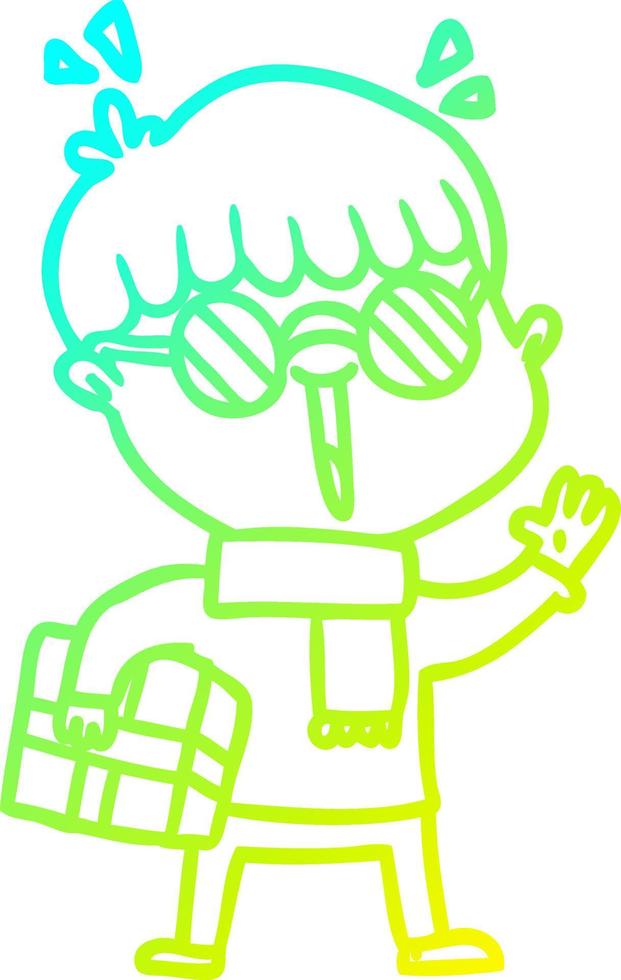 Kalte Gradientenlinie Zeichnung Cartoon-Junge mit Paketwinken vektor