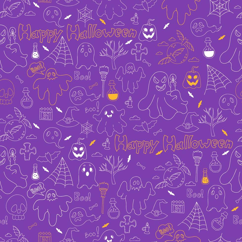 sömlös mönster Lycklig halloween. linjär dragen klotter pumpa jack, spöke, grav, skalle med bones och full måne med fladdermöss, lie och kvast, spindelnät på lila bakgrund. vektor illustration.
