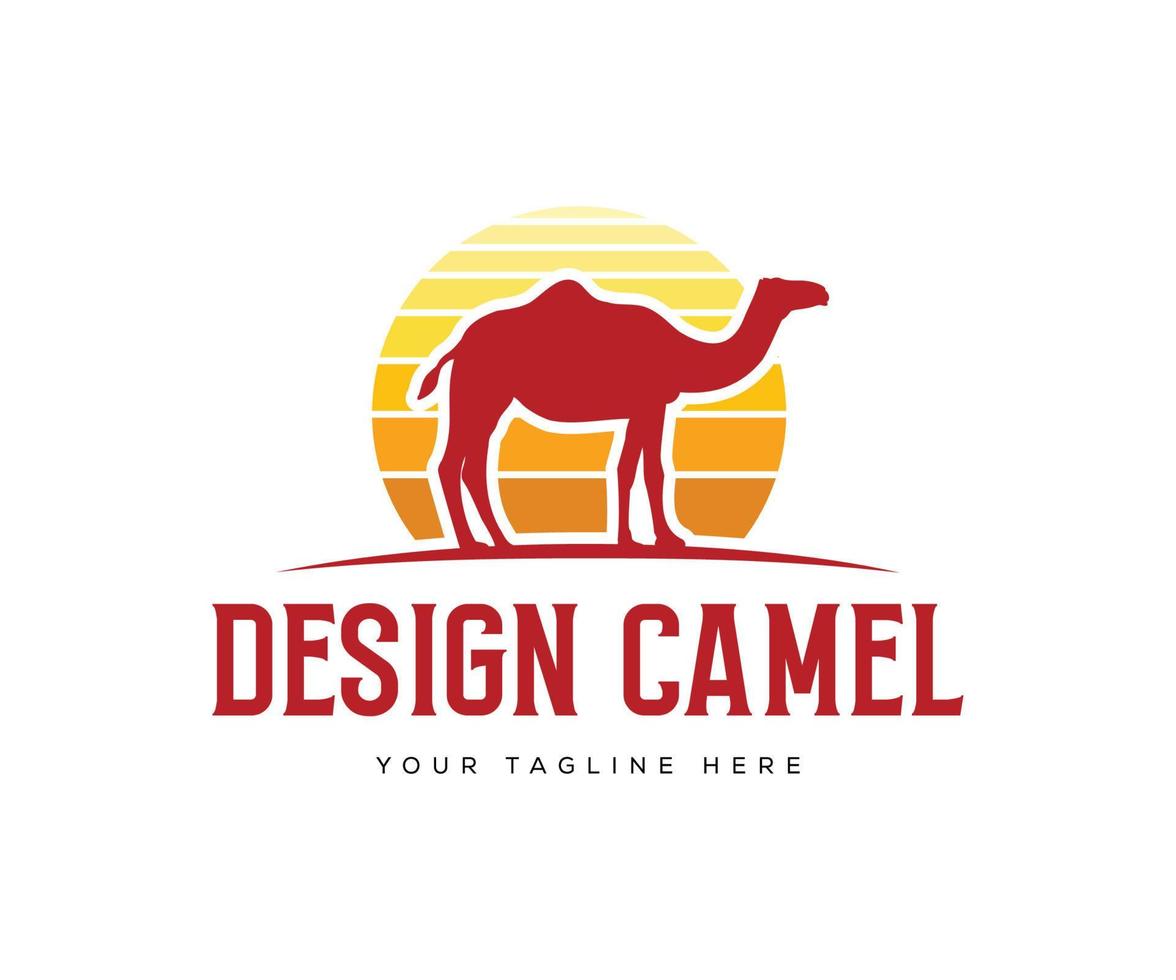 Kamel-Logo-Design-Vektor-Vorlage. Wüstenlogo-Designvorlage mit Sonnenuntergang vektor