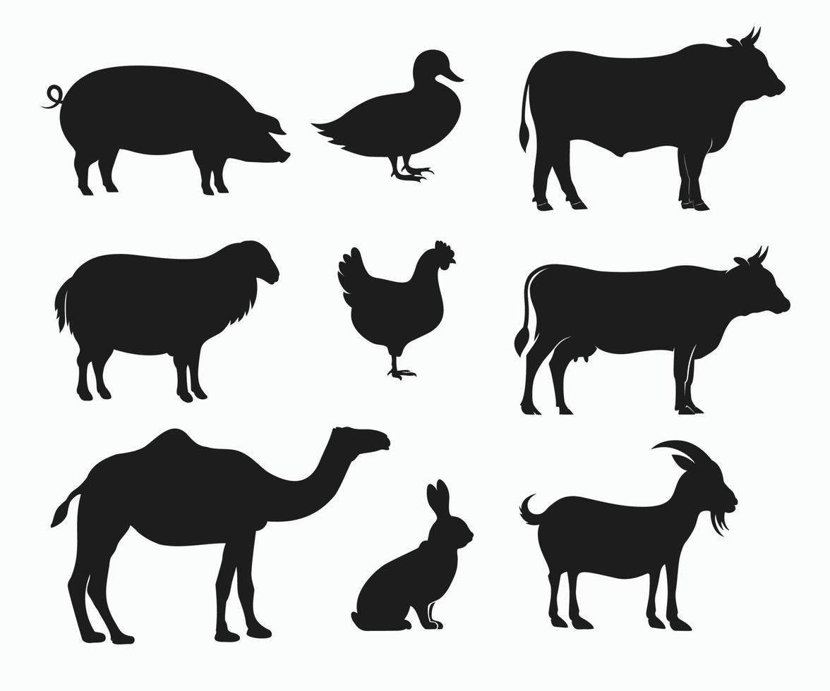 Tiere-Silhouette-Icon-Set. Bauernhof set Tier Silhouetten Vektor-Symbol. vektor