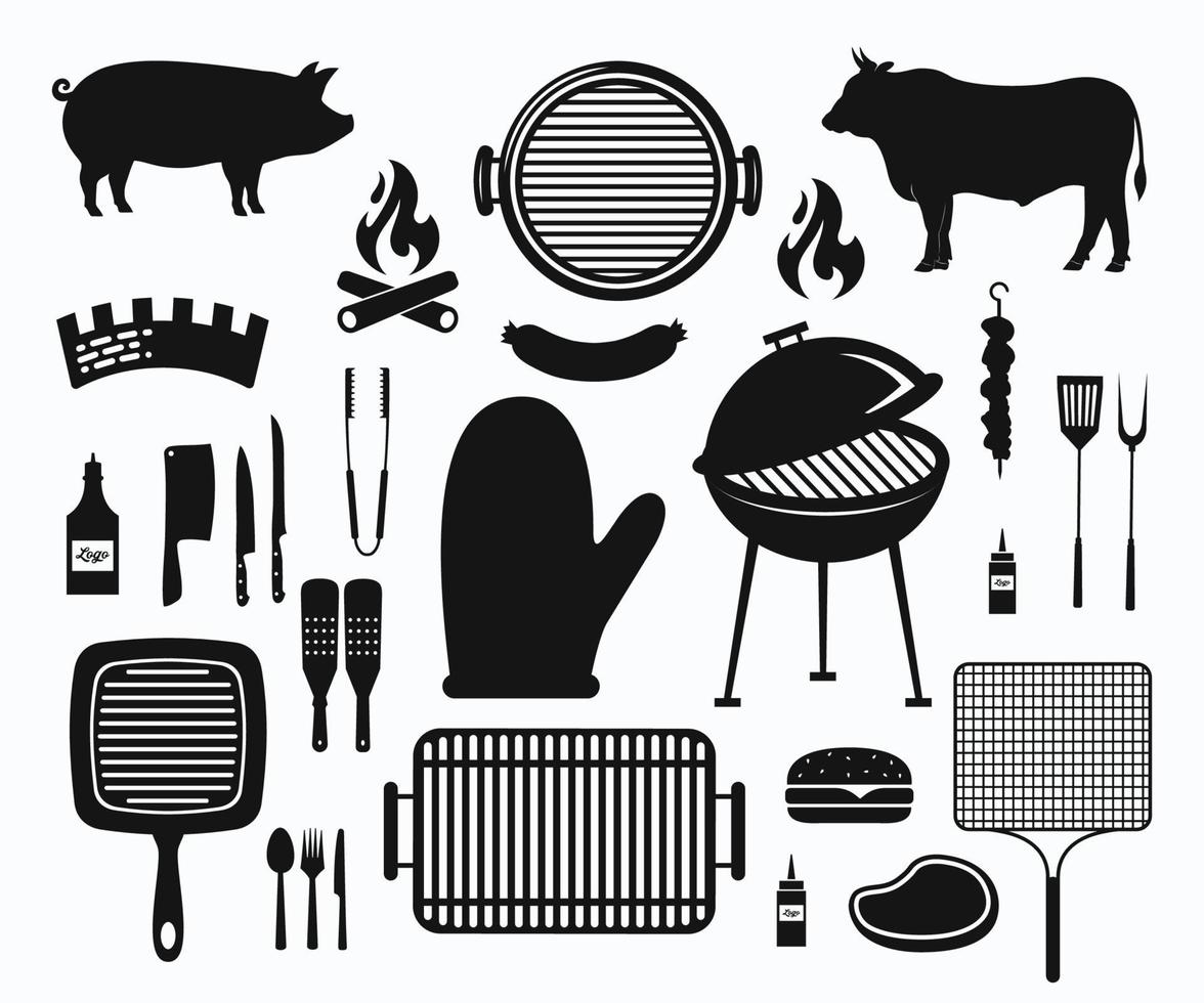 gesetzter vektor der grillgrill-silhouette. Symbolvorlage für Grill-BBQ-Party-Sets.