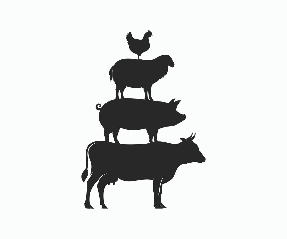 Kuh, Schwein, Lamm und Huhn stehen aufeinander. vektor
