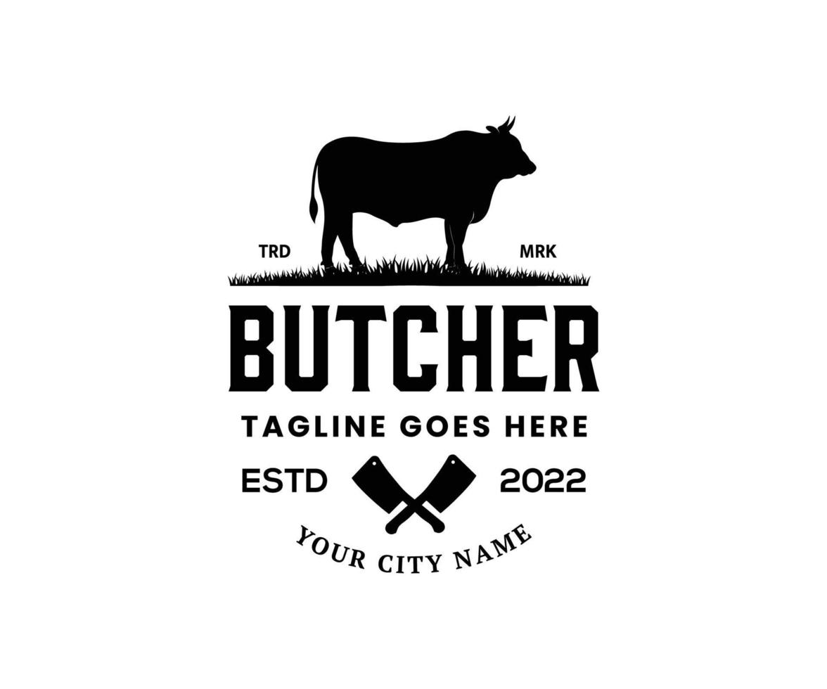 årgång butchery logotyp design. tjur kött köttyxa kniv vektor design mall.