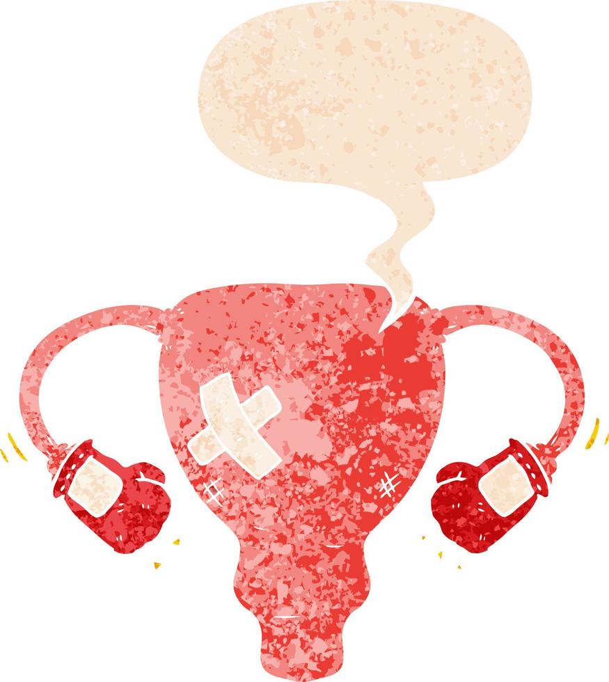 Cartoon-Uterus mit Boxhandschuhen und Sprechblase im strukturierten Retro-Stil verprügeln vektor