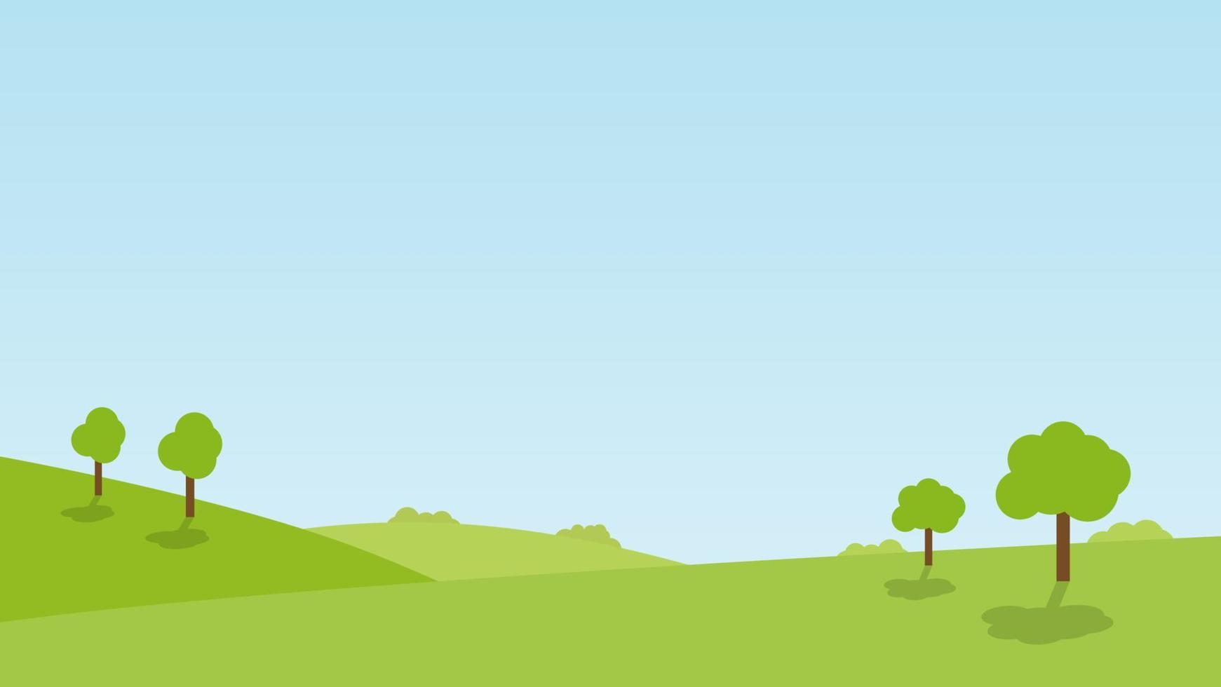 landskap tecknad scen med gröna träd på kullar och sommar blå himmel bakgrund vektor