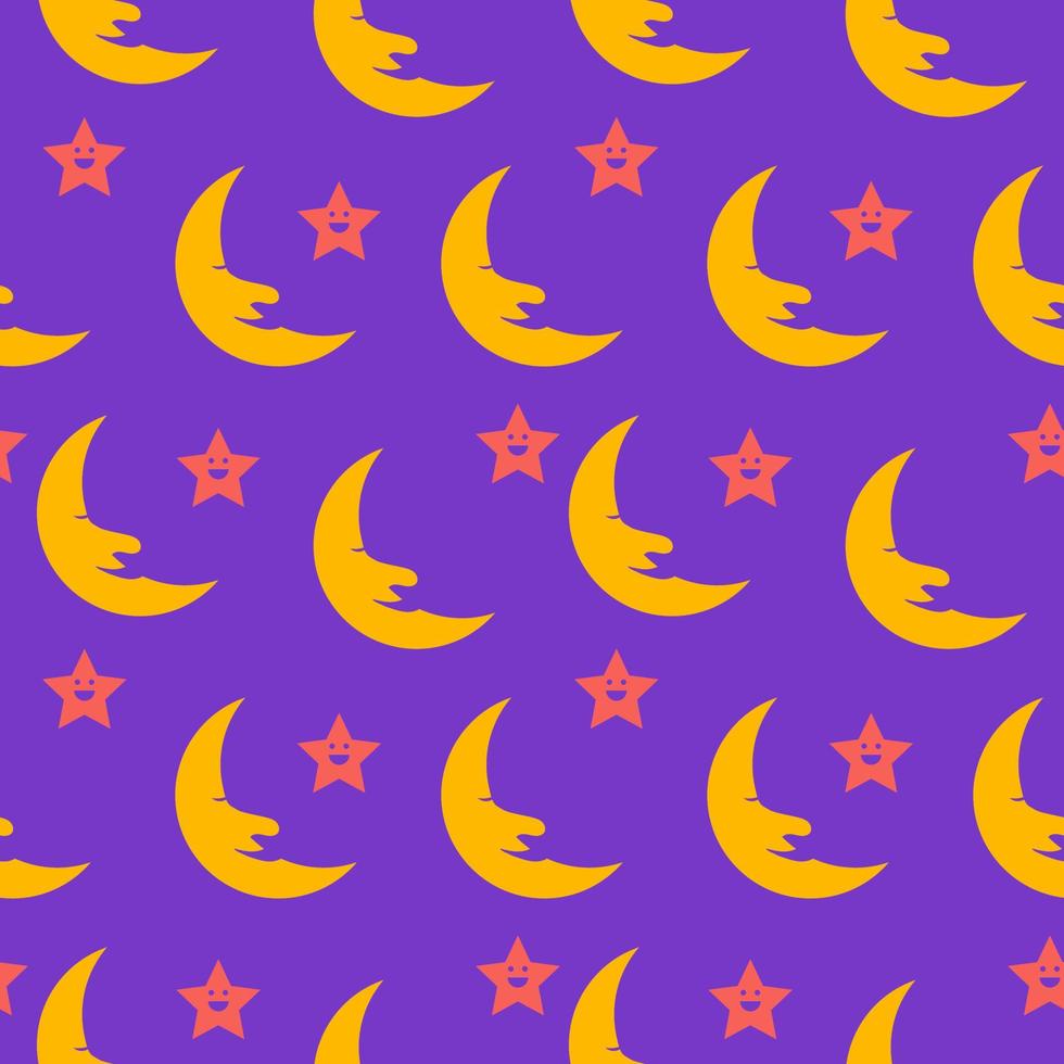 Halbmond mit nahtlosem Muster des Sterns auf purpurrotem Hintergrund. gute nacht cartoon-konzept vektor