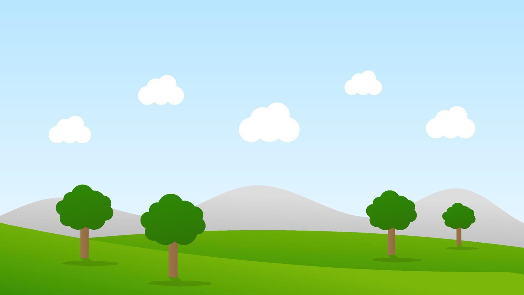 landskap tecknad scen med gröna träd på kullar och vita fluffiga moln i sommarblå himmel bakgrund vektor