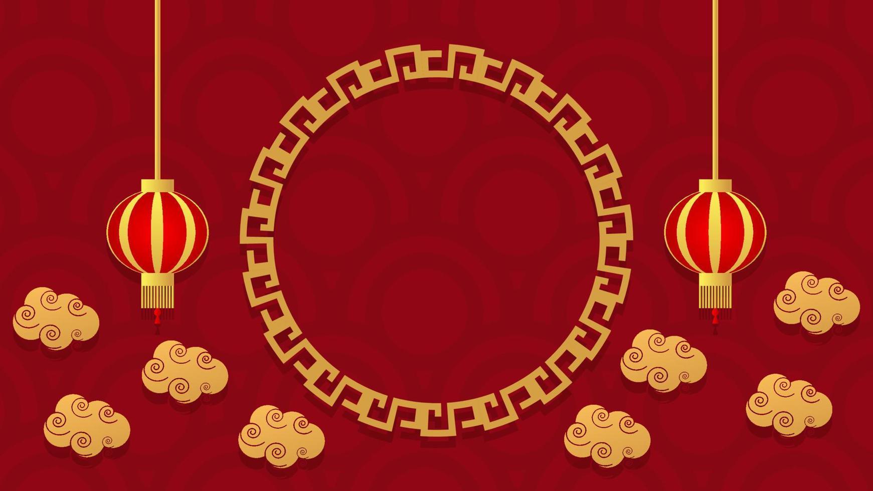 frohes chinesisches neujahr. roter festlicher musterhintergrund mit kreisrahmen und dekorativen laternen und goldener wolke vektor