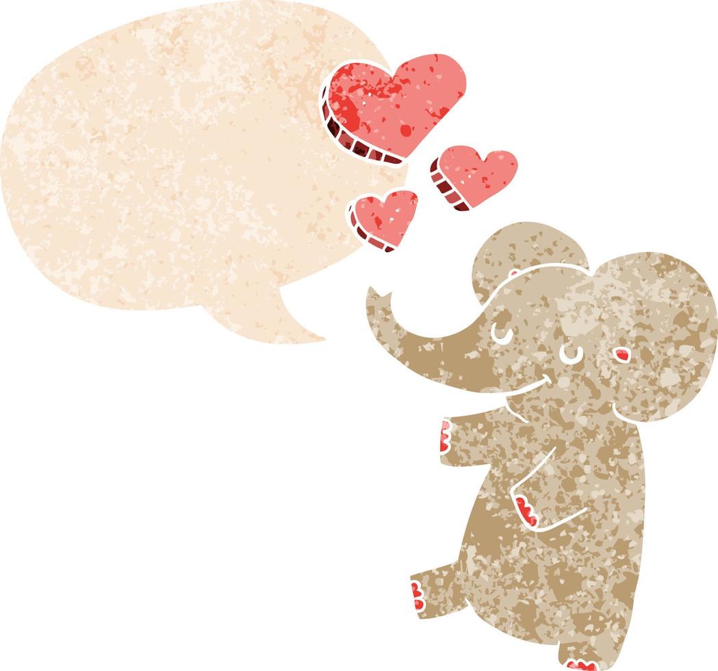 Cartoon-Elefant mit Liebesherzen und Sprechblase im strukturierten Retro-Stil vektor