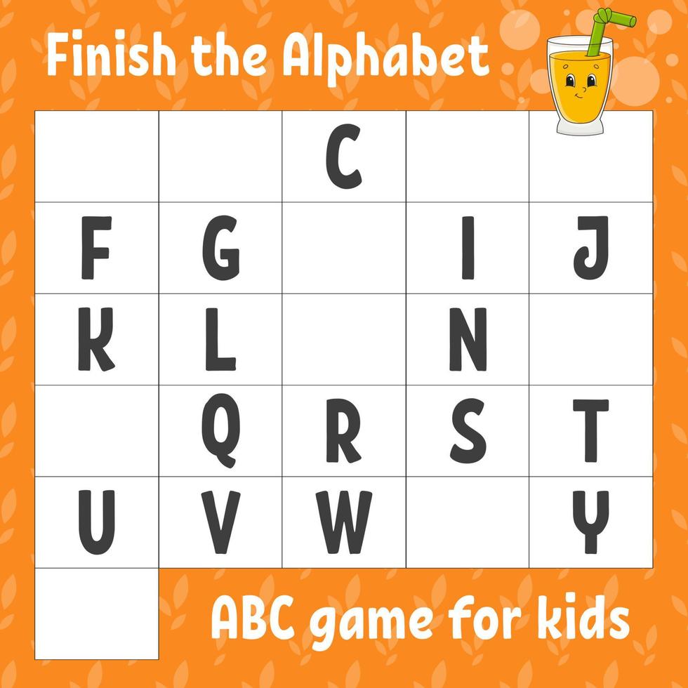 beende das Alphabet. ABC-Spiel für Kinder. Arbeitsblatt zur Bildungsentwicklung. Lernspiel für Kinder. Farbaktivitätsseite. vektor