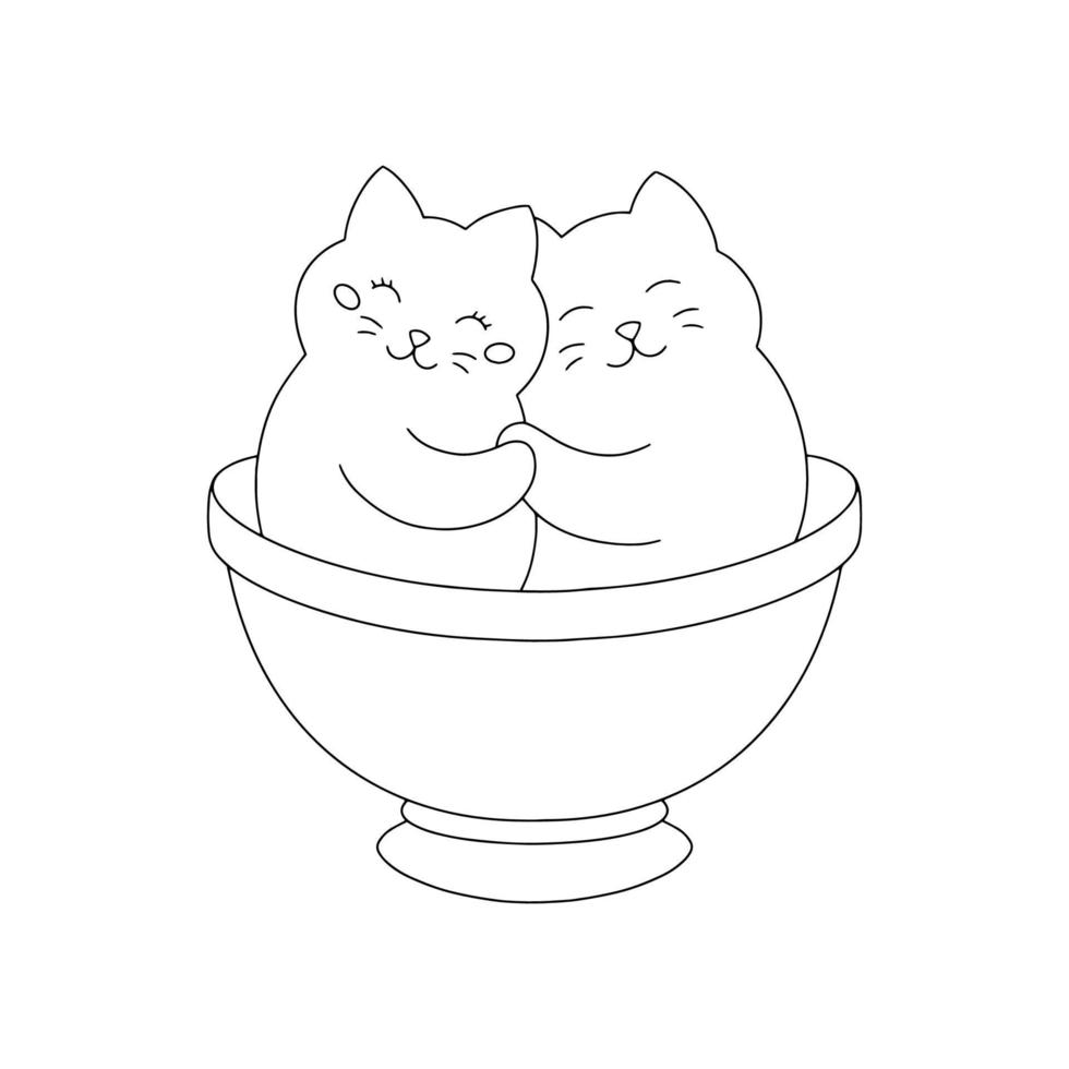 förälskad katter kramas i en kopp. färg bok sida för ungar. hjärtans dag. tecknad serie stil karaktär. vektor illustration isolerat på vit bakgrund.