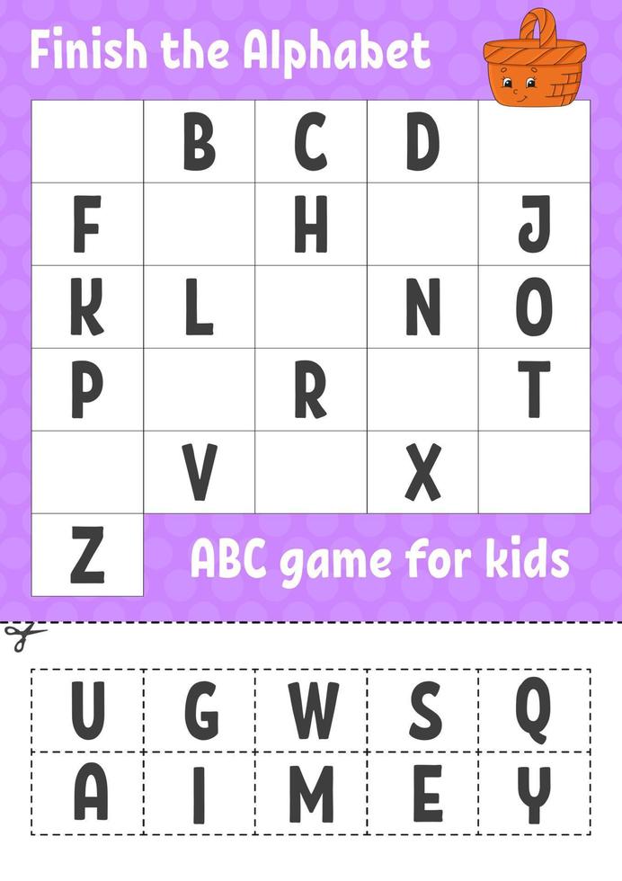 Beende das Alphabet. ABC-Spiel für Kinder. schneiden und Kleben. Arbeitsblatt zur Entwicklung von Bildung. Lernspiel für Kinder. Farbaktivitätsseite. vektor