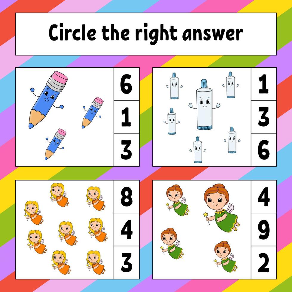 ringa in det rätta svaret. utbildning utveckla kalkylblad. aktivitetssida med bilder. spel för barn. färg isolerad vektorillustration. rolig karaktär. tecknad stil. vektor