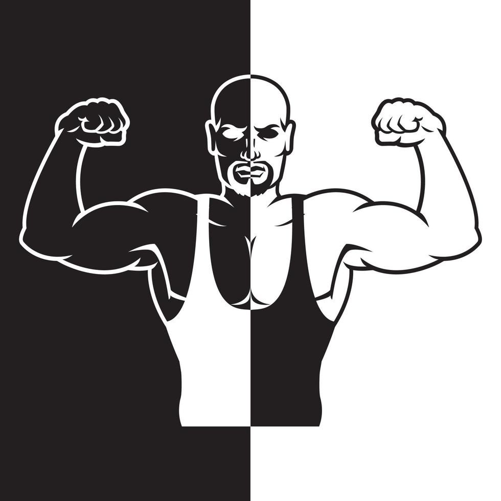 Bodybuilder starker Mann. Umriss-Silhouette. Gestaltungselement. Vektor-Illustration isoliert auf weißem Hintergrund. Vorlage für Bücher, Aufkleber, Poster, Karten, Kleidung. vektor