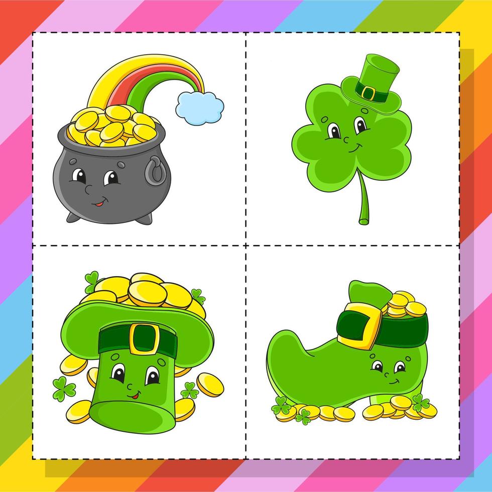 satz aufkleber mit niedlichen zeichentrickfiguren. handgemalt. bunte Packung. Vektor-Illustration. Patch-Abzeichen-Sammlung für Kinder. st. Patricks Tag. vektor