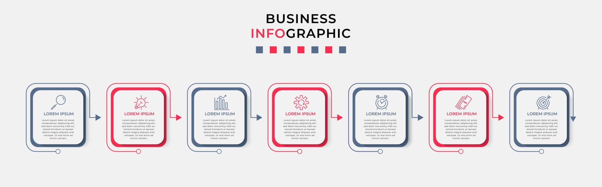 Business-Infografik-Design-Vorlagenvektor mit Symbolen und 7 Optionen oder Schritten. kann für Prozessdiagramme, Präsentationen, Workflow-Layouts, Banner, Flussdiagramme und Infografiken verwendet werden vektor