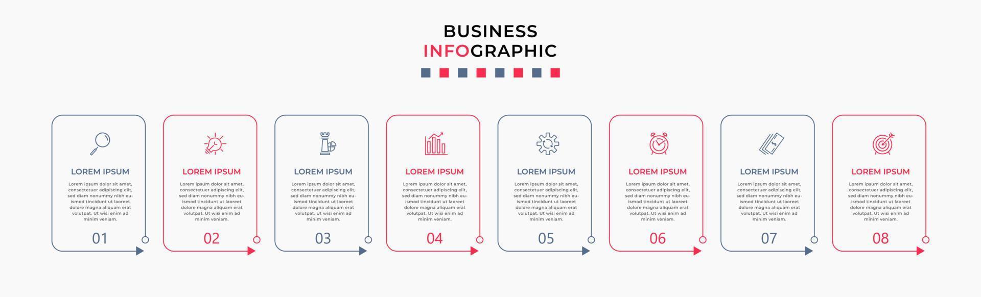 vektor infographic design företag mall med ikoner och 8 alternativ eller steg. kan vara Begagnade för bearbeta diagram, presentationer, arbetsflöde layout, baner, strömma Diagram, info Graf