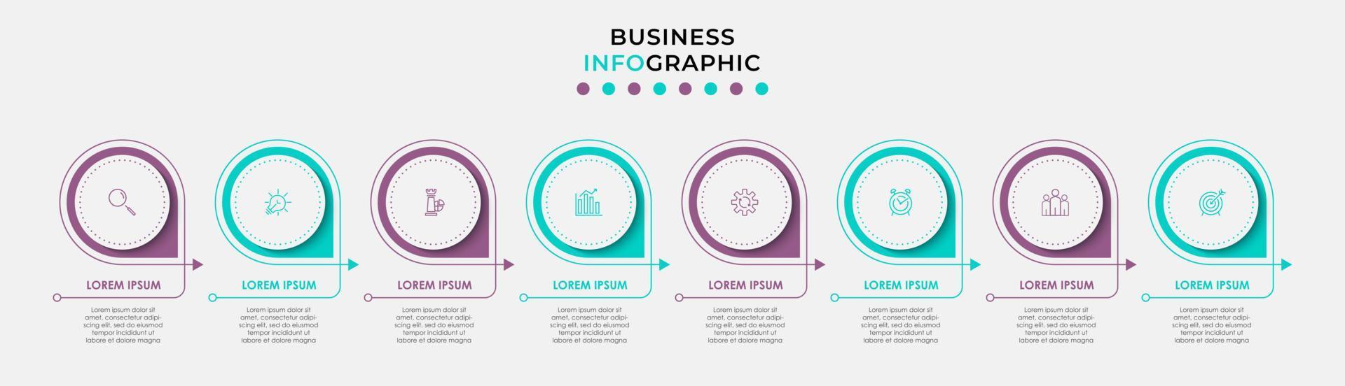 Vektor-Infografik-Design-Geschäftsvorlage mit Symbolen und 8 Optionen oder Schritten. kann für Prozessdiagramme, Präsentationen, Workflow-Layouts, Banner, Flussdiagramme und Infografiken verwendet werden vektor