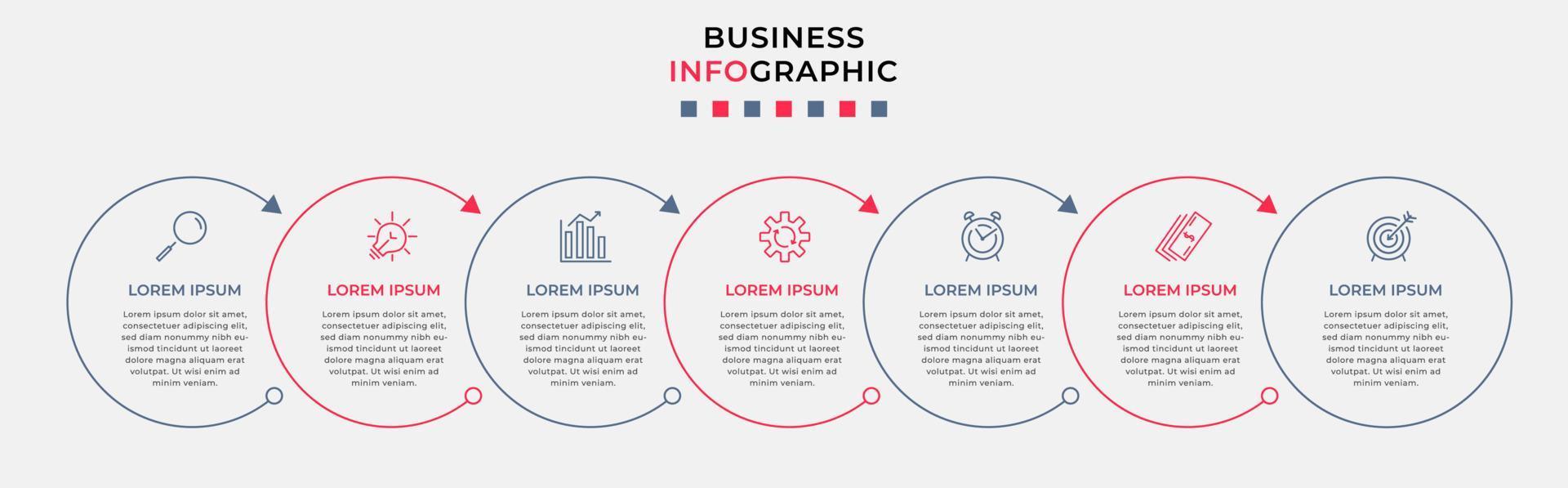 företag infographic design mall vektor med ikoner och 7 alternativ eller steg. kan vara Begagnade för bearbeta diagram, presentationer, arbetsflöde layout, baner, strömma Diagram, info Graf