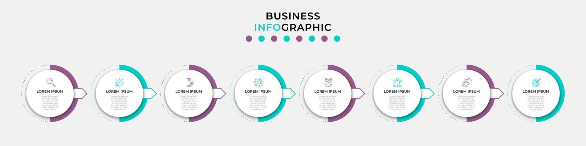 Vektor-Infografik-Design-Geschäftsvorlage mit Symbolen und 8 Optionen oder Schritten. kann für Prozessdiagramme, Präsentationen, Workflow-Layouts, Banner, Flussdiagramme und Infografiken verwendet werden vektor