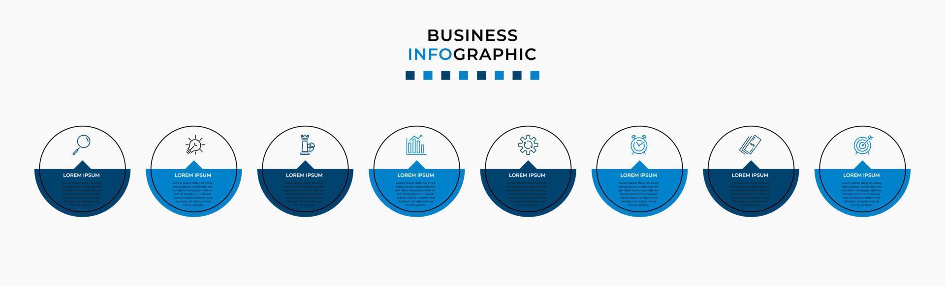 Vektor-Infografik-Design-Geschäftsvorlage mit Symbolen und 8 Optionen oder Schritten. kann für Prozessdiagramme, Präsentationen, Workflow-Layouts, Banner, Flussdiagramme und Infografiken verwendet werden vektor