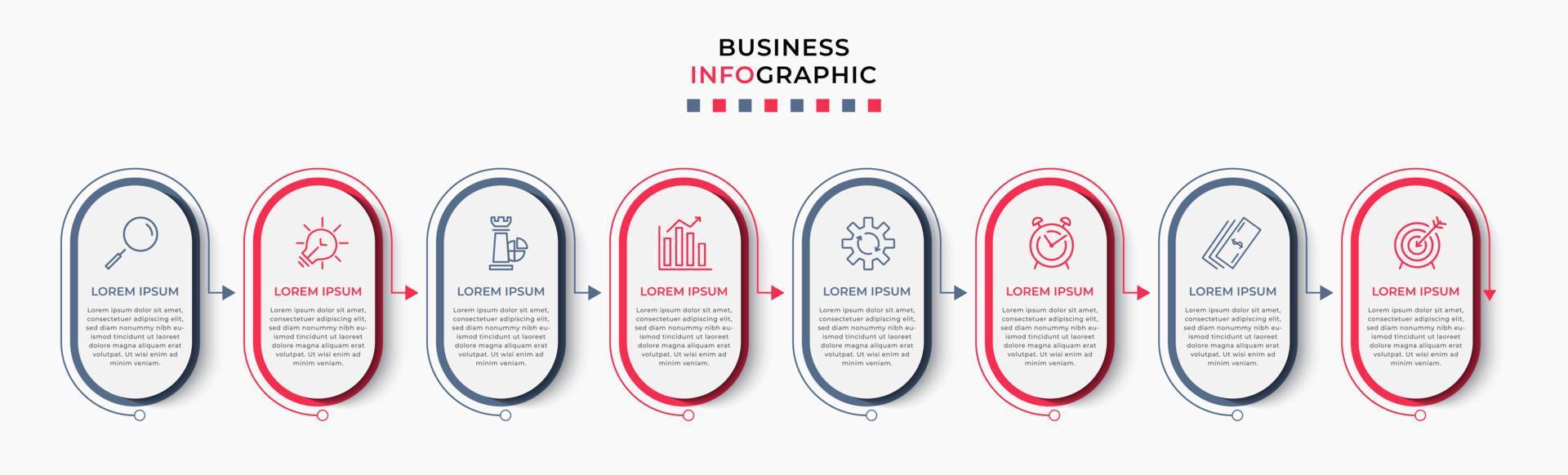 vektor infographic design företag mall med ikoner och 8 alternativ eller steg. kan vara Begagnade för bearbeta diagram, presentationer, arbetsflöde layout, baner, strömma Diagram, info Graf