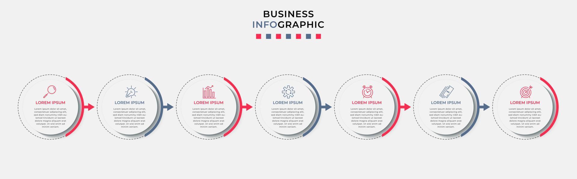 Business-Infografik-Design-Vorlagenvektor mit Symbolen und 7 Optionen oder Schritten. kann für Prozessdiagramme, Präsentationen, Workflow-Layouts, Banner, Flussdiagramme und Infografiken verwendet werden vektor