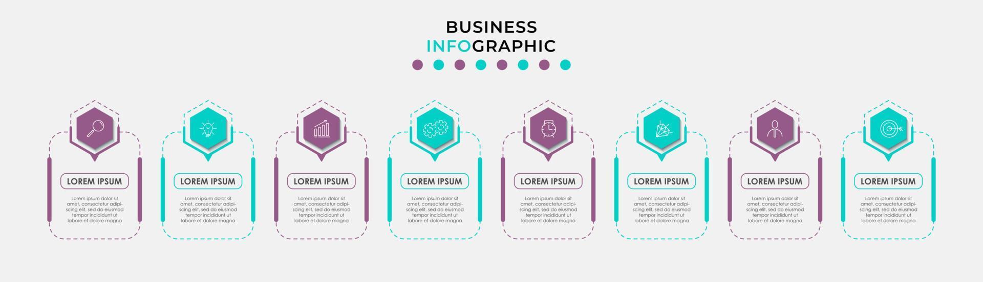 Vektor-Infografik-Design-Geschäftsvorlage mit Symbolen und 8 Optionen oder Schritten. kann für Prozessdiagramme, Präsentationen, Workflow-Layouts, Banner, Flussdiagramme und Infografiken verwendet werden vektor