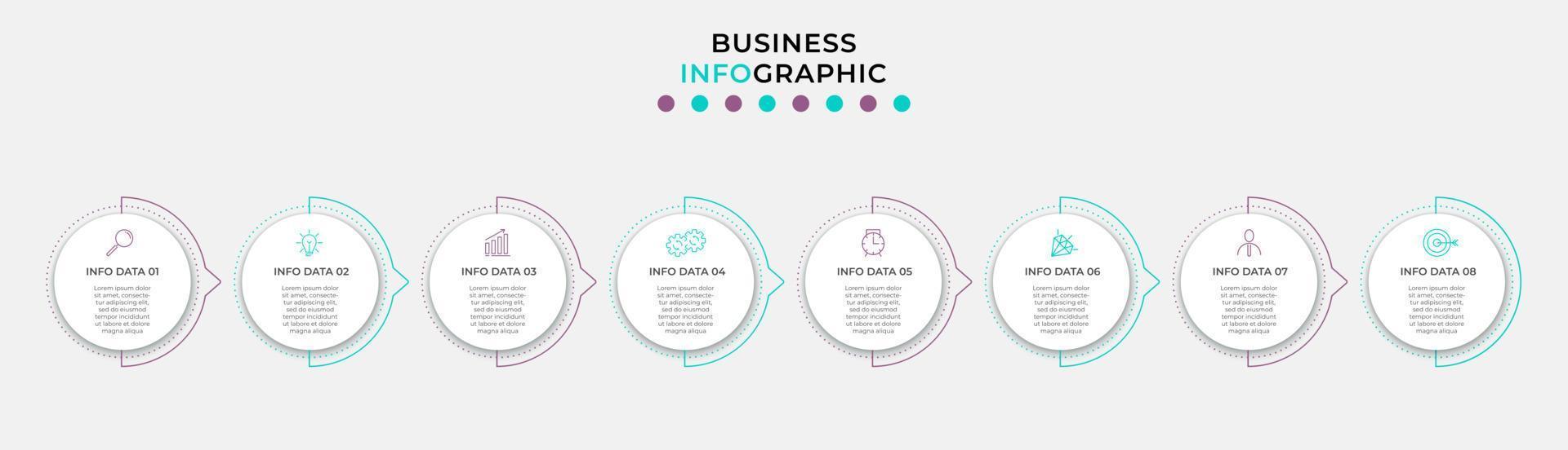 vektor infographic design företag mall med ikoner och 8 alternativ eller steg. kan vara Begagnade för bearbeta diagram, presentationer, arbetsflöde layout, baner, strömma Diagram, info Graf