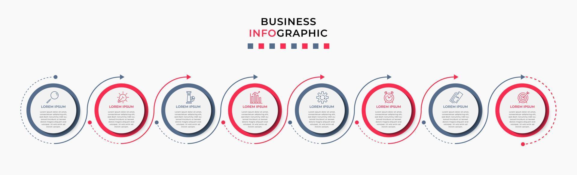 Vektor-Infografik-Design-Geschäftsvorlage mit Symbolen und 8 Optionen oder Schritten. kann für Prozessdiagramme, Präsentationen, Workflow-Layouts, Banner, Flussdiagramme und Infografiken verwendet werden vektor